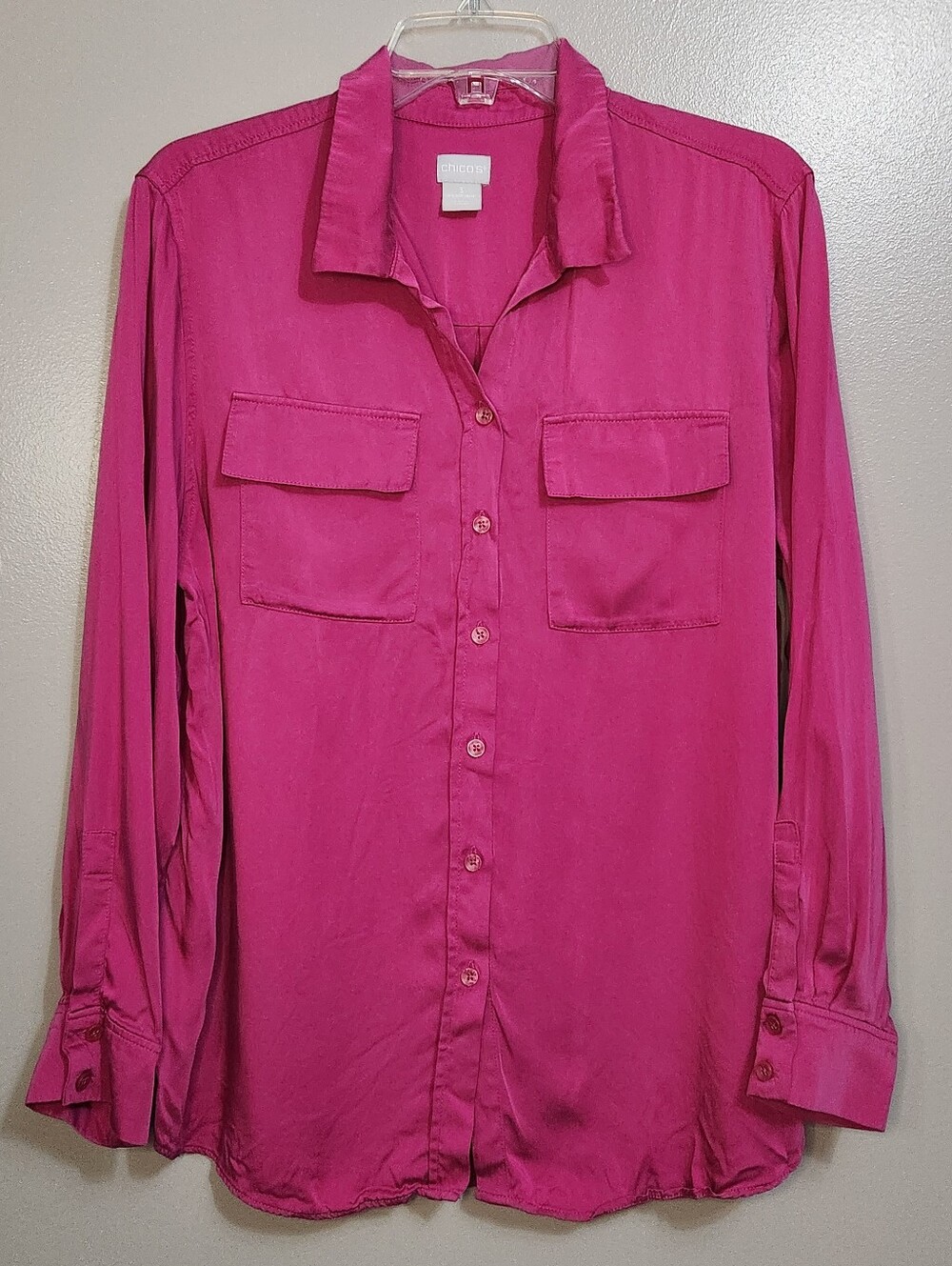 Chico's Women's Button-Front Long Sleeve Magenta Blouse Size 3